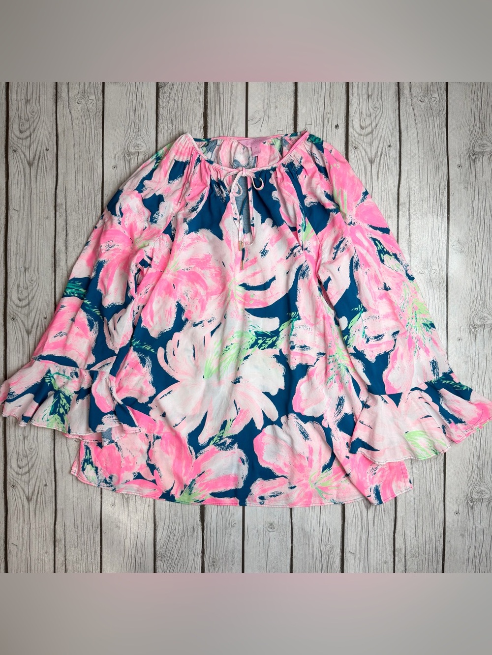 Lilly Pulitzer Women's M Willa Flounce Sleeve Top Tidal Wave Pans Garden Blouse